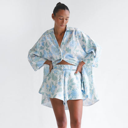 Matching Two-Piece Set of Floral Loose Long Shirt + High Waist Shorts