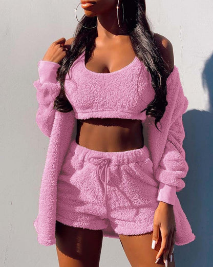 Women's Warm Fluffy Shorts Top, and Cardigan Set