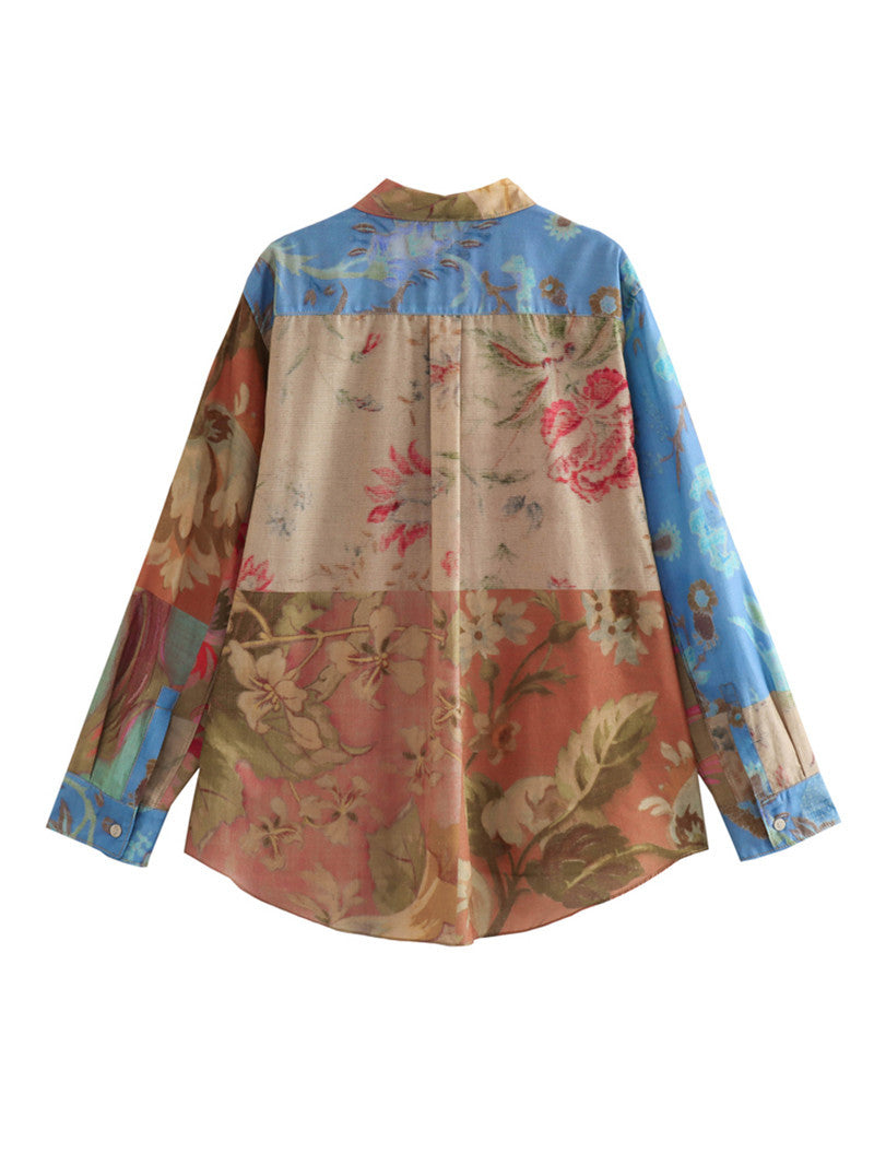 European and American color blocked printed loose shirt with lace up straight leg pants set