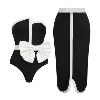 Monochrome Muse 2-Piece Bow Swimsuit & Skirt Set
