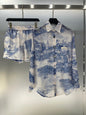 Two-piece Shirt & Shorts Set Made With a Cool Ink Landscape Painting Print Fabric