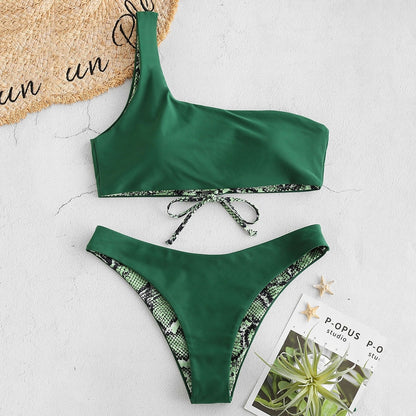 Reversible One-Shoulder Snake Print Bikini Set