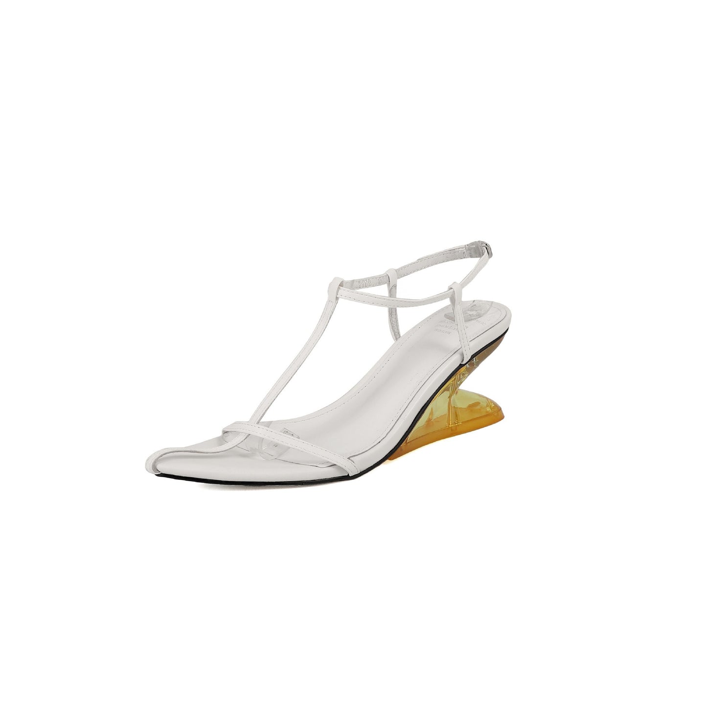 Pointy Toe T-strap Leather Sandal with a Clear Slope Heel