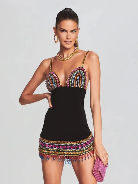Rainbow Crystal Embellished Fringe-Hem Mini Dress