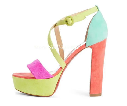 Color Pop Suede Platform Sandals – Multi-Strap Chunky Heel