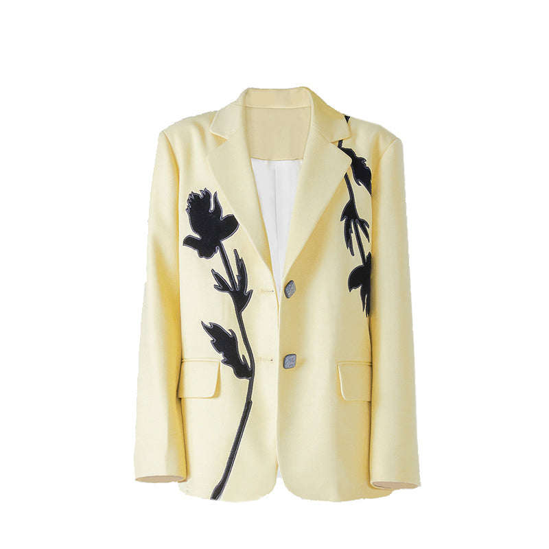 Chic Designer Single Breasted Blazer with  Embroidered Flower Print Design