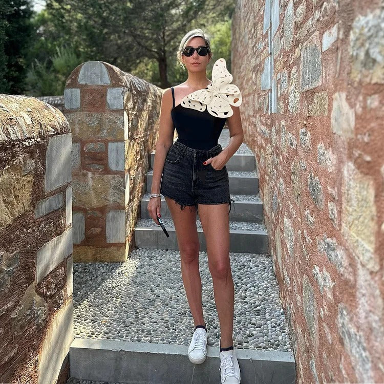 Statement  3D Butterfly Bow One-Piece Swimsuit & Black Ruffle Wrap Skirt