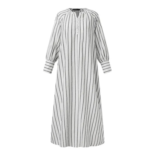 Cotton and Linen Striped Round Neck Long Sleeved Dress