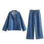 Denim Two-Piece Set: Pullover Shirt & Wide-Leg Wide-Leg Pants