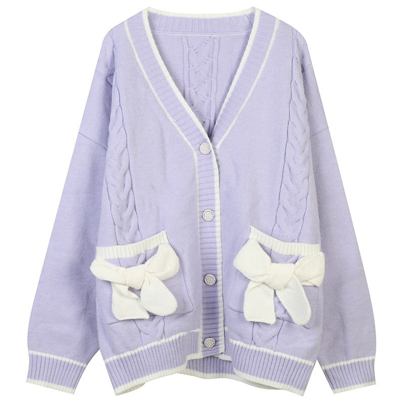 Sweater V-Neck Long Sleeved Mid Length Loose Knit Cardigan With Pocket Bow Design Details