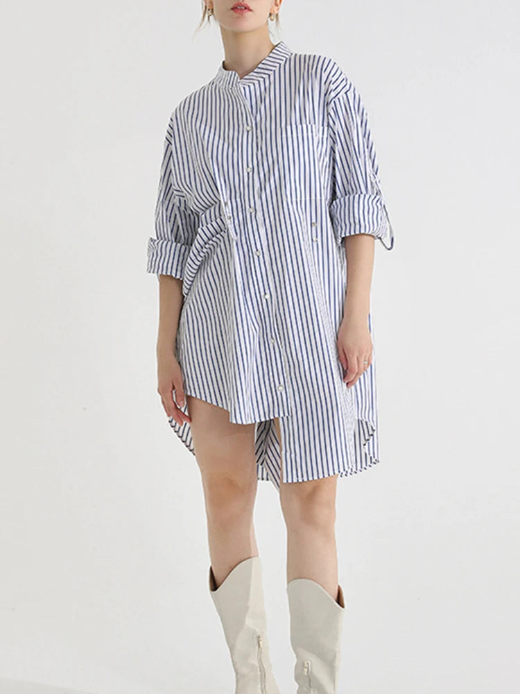 Asymmetrical Striped Mini Shirt  Dress