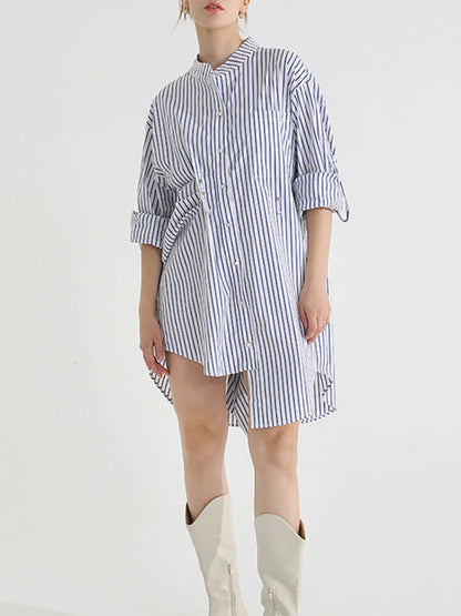 Asymmetrical Striped Mini Shirt  Dress
