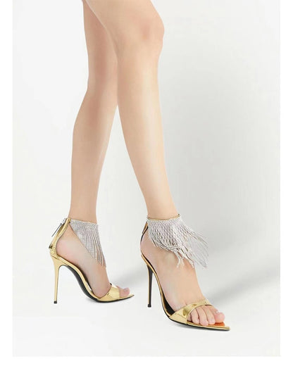 "Starlight Fringe Stiletto Heels – Gold & Black"