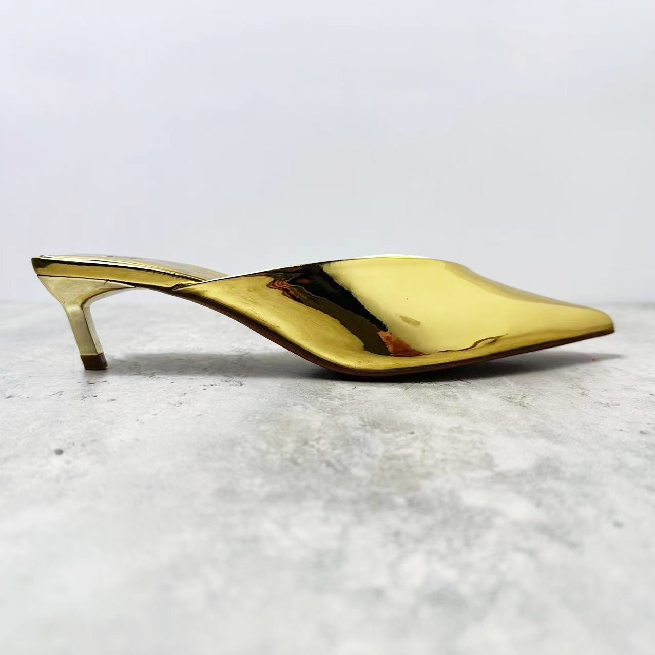 “Liquid Gold” Mirror Metallic Pointed-Toe V-Mule Flats