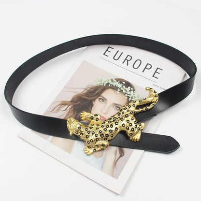 Trendy Leather Belt with a Leopard Design Metal Buckle