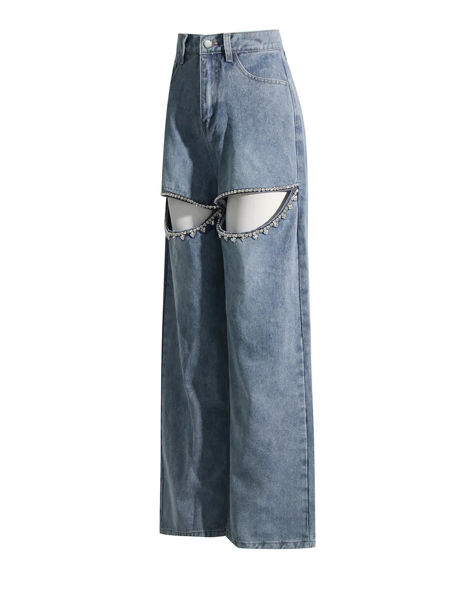 Women's Straight Wide Leg  Denim Pants With Thigh Cut-Outs and  Rhinestone Designer Details