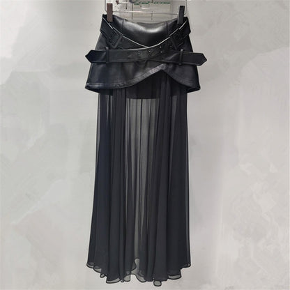 Stylish Faux Leather Skirt with Sheer Pleated Panels