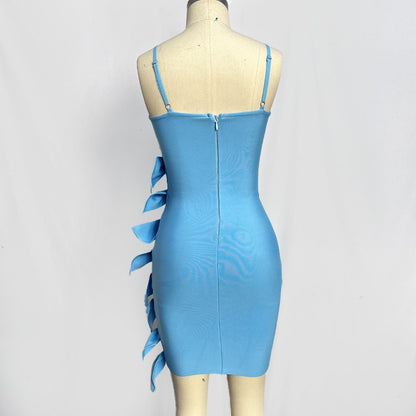 Stunning Blue Bodycon Dress,  Slimming,  Bow Embellished Side Slit, Tight Mini Dress