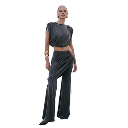 Sexy Round Neck Cropped Top and High Waist Pleated Flared Pants Set