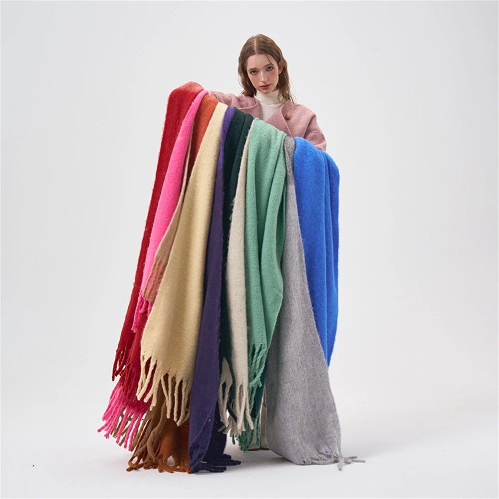 Simple Color Blocking Soft Plush  Cashmere Like Thick  Extra Long Scarf/ Shawl