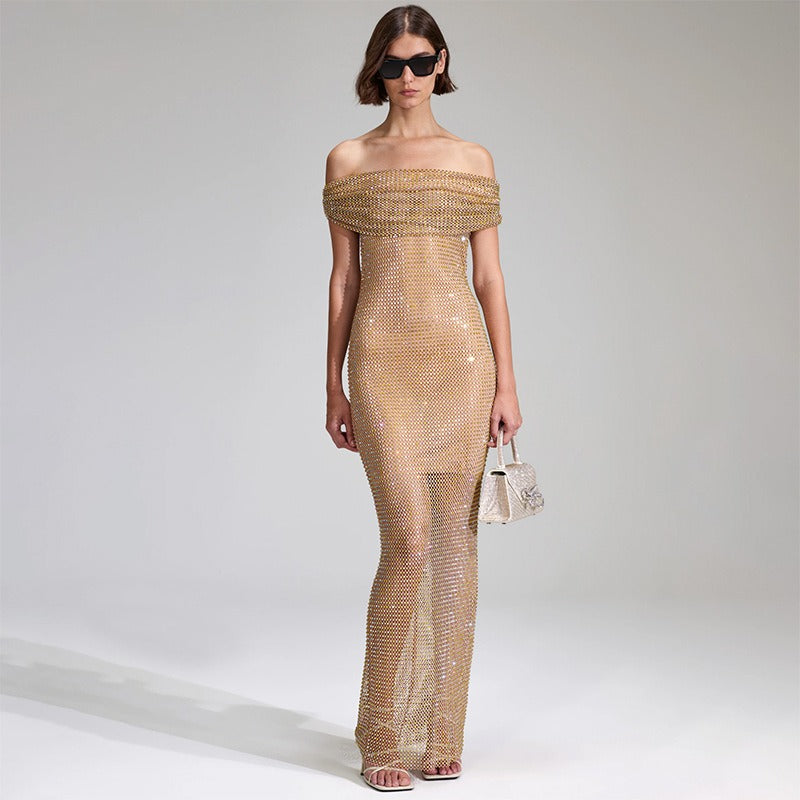 Chic Off the Shoulder Gold Coloured Dress With  Perspective Sequins.