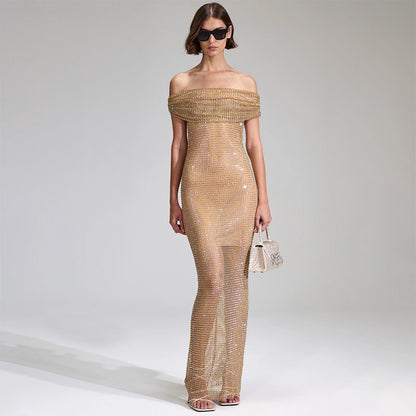 Chic Off the Shoulder Gold Coloured Dress With  Perspective Sequins.