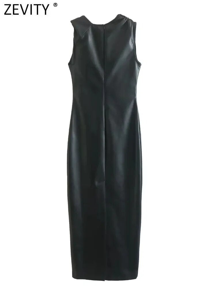 Sleek Faux Leather Sleeveless Midi Dress
