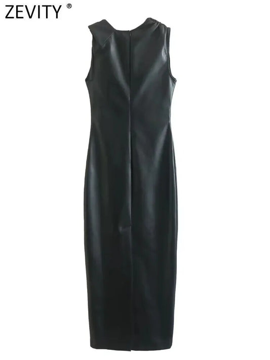 Sleek Faux Leather Sleeveless Midi Dress