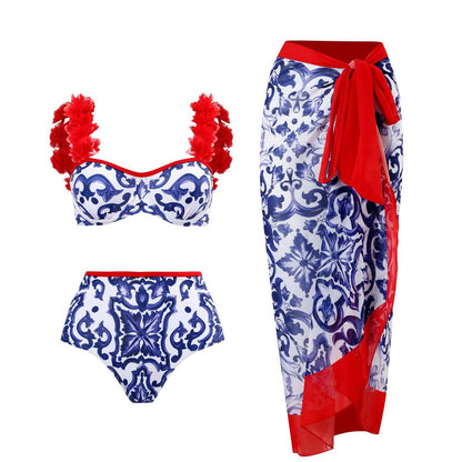 Three-piece Set of Retro Style Print Swimsuits Paired with a Matching Sarong in Multiple Designs