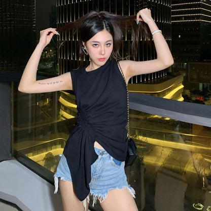Asymmetrical Ruched Side-Drawstring Sleeveless Top