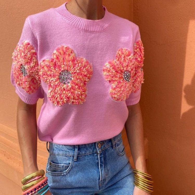 Short-Sleeved Sweater With Sweet Pink Flower Design