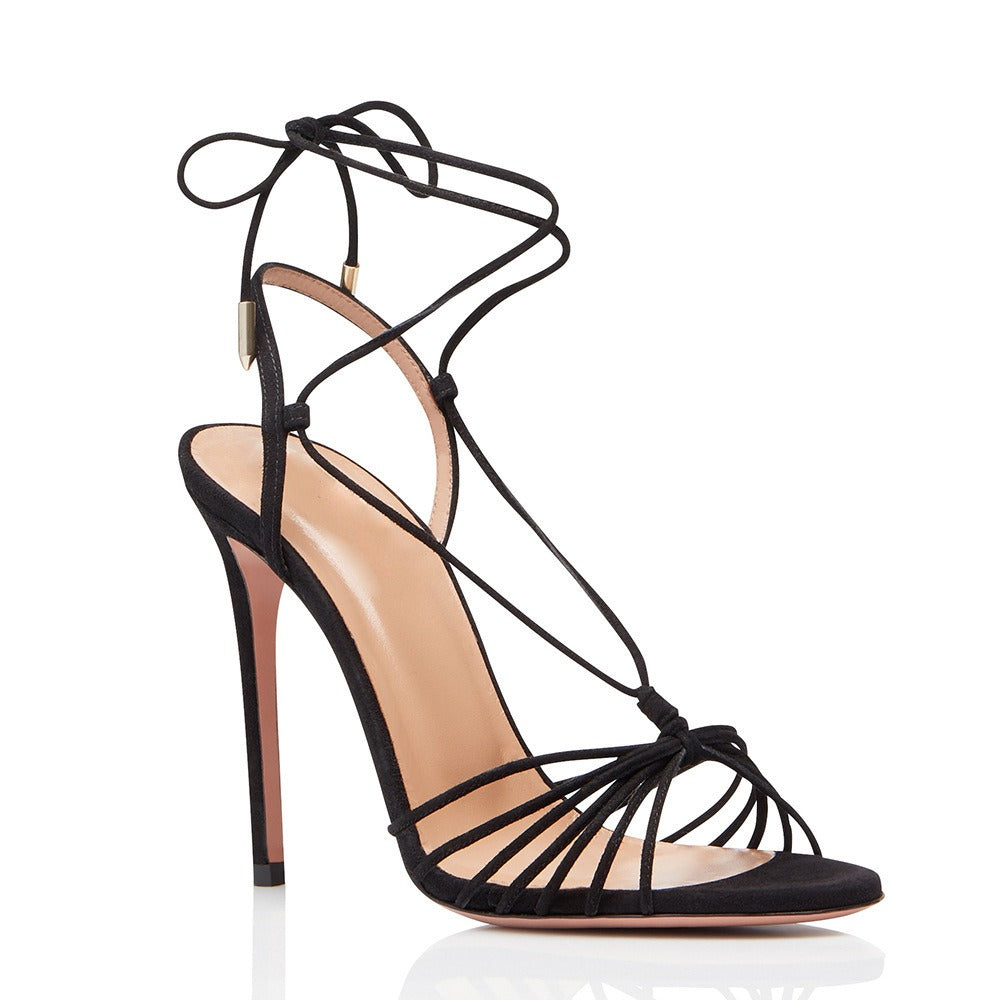 Midnight Muse Lace-Up Stiletto Heels – Black Suede
