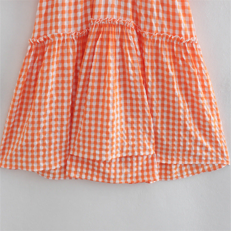 Orange Gingham Puff Sleeve Dress – Sun-Kissed & Effortless
