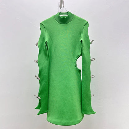 Long-Sleeved Mini Dress With Intricate Rhinestone Bows Design Details