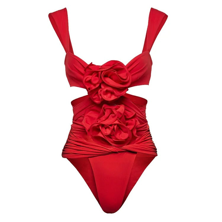 Red Hot, Quick Drying,  One Piece Swimsuit with 3D Flower Details in Four Unique Designs Paired with a Mini Skirt or  Tight Flaired Leggings