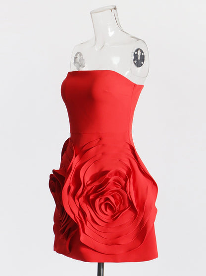 Red Hot Floral Mini Dress,   A-line Dress With a  Stunning 3 D Rose Design