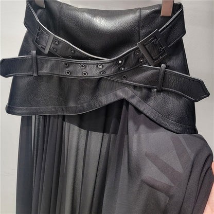 Stylish Faux Leather Skirt with Sheer Pleated Panels