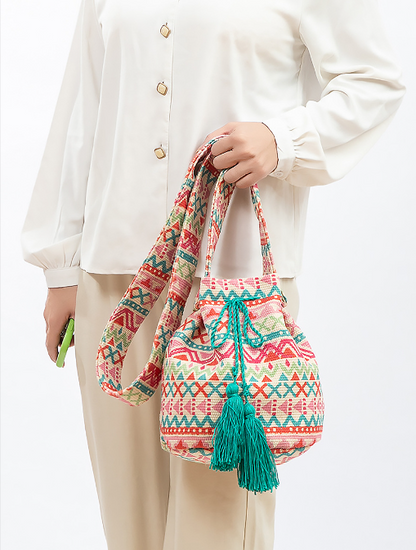 Multi Colored Boho  Messenger Bucket Bag