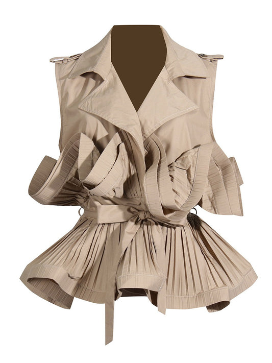 Elegant High Fashion V-neck  Sleeveless Khaki  Pleated Shirt