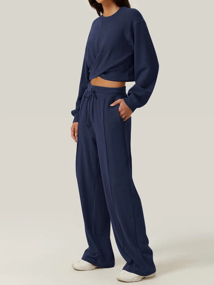 Twist-Front Pastel Knit Lounge Set – Cozy Crewneck Sweater & Drawstring Wide-Leg Pants