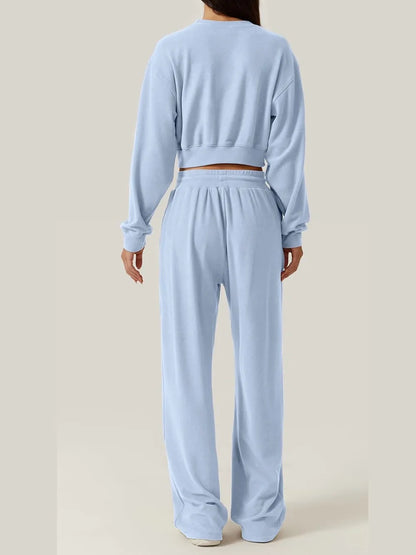 Twist-Front Pastel Knit Lounge Set – Cozy Crewneck Sweater & Drawstring Wide-Leg Pants