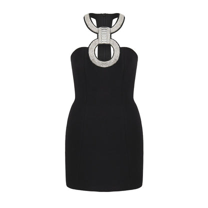 Chic Diamonds Encrusted Halter Little Black Dress