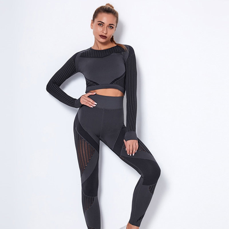 Stylish 2Pcs Yoga Set, Seamless, Long Sleeve with Sheer Panels