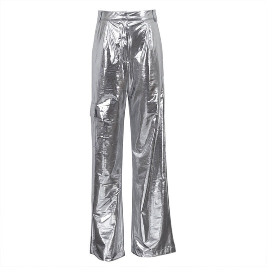 Futuristic Metallic-Silver Cargo Trousers
