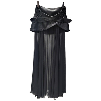 Stylish Faux Leather Skirt with Sheer Pleated Panels