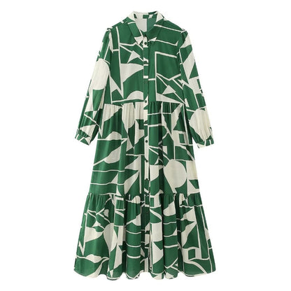 Beautiful Green Front Buttoned  Long Print Chiffon Dress