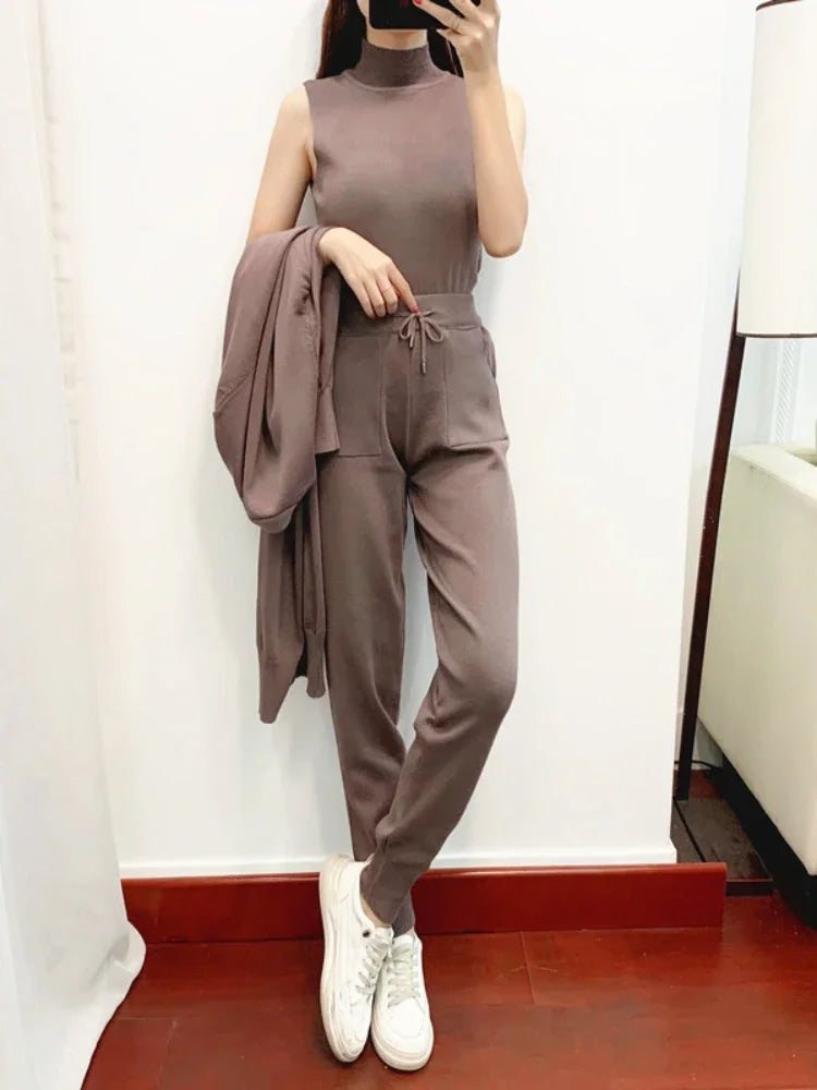 3 Piece Women's Casual Knit Suit of Matching Cardigan+ Vest +Pants