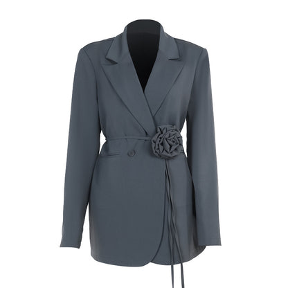 Grey and Black  Belted Blazer Dresses with Rose Detail – Soft Power, Perfectly Tailored