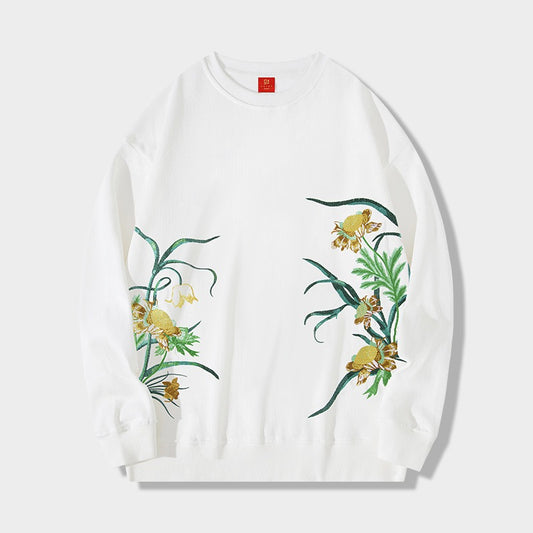 Chinese Influenced Sweatshirt With Embroidered Floral Patterns