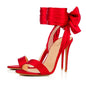 Scarlet Satin Bow Ankle-Wrap Stiletto Heels